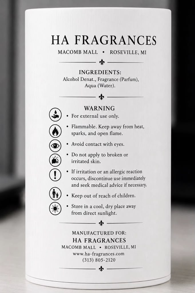 Back of the HA Fragrances packaging listing the Roseville, MI location, ingredients, and a set of safety warning icons and text.